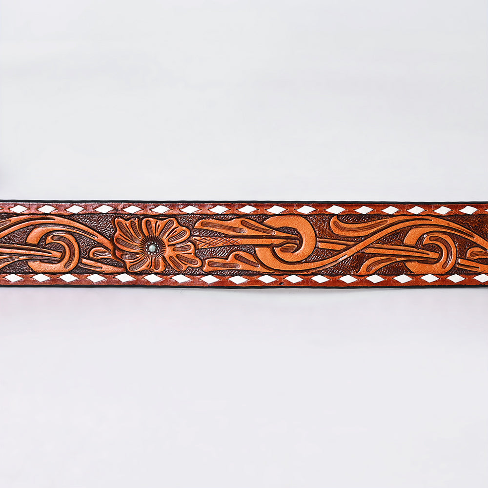 ADBLF278 Hand-Tooled Western Leather Belt - Floral Swirl with White Diamond Border