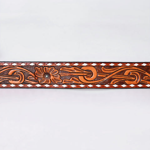 ADBLF278 Hand-Tooled Western Leather Belt - Floral Swirl with White Diamond Border