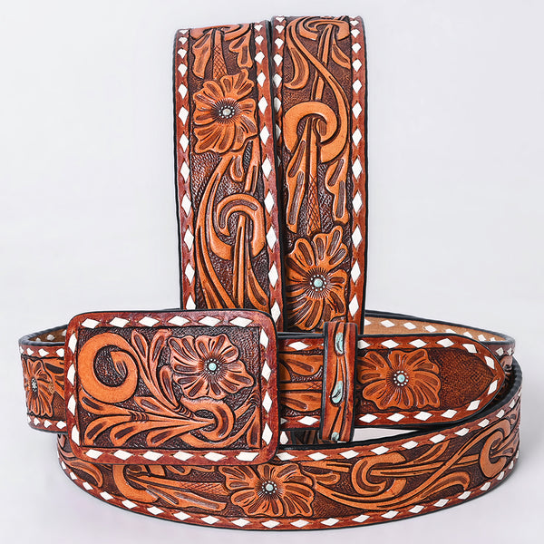 ADBLF278 Hand-Tooled Western Leather Belt - Floral Swirl with White Diamond Border