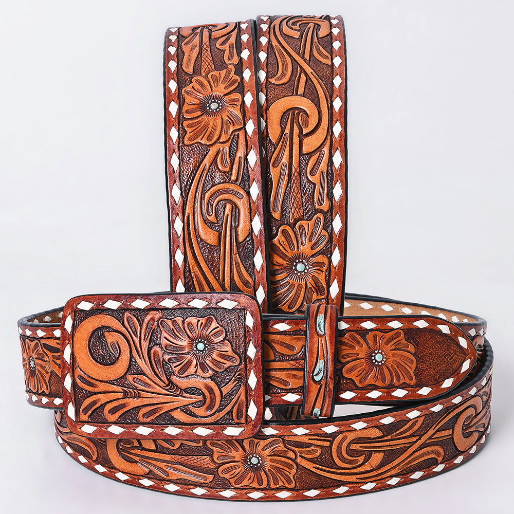 ADBLF278 Hand-Tooled Western Leather Belt - Floral Swirl with White Diamond Border