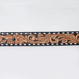 ADBLF279 Tooled Leather Western Belt - Black Inlay with Floral Design and White Edge