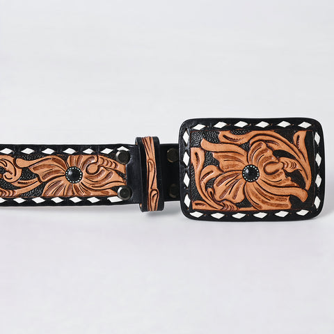 ADBLF279 Tooled Leather Western Belt - Black Inlay with Floral Design and White Edge