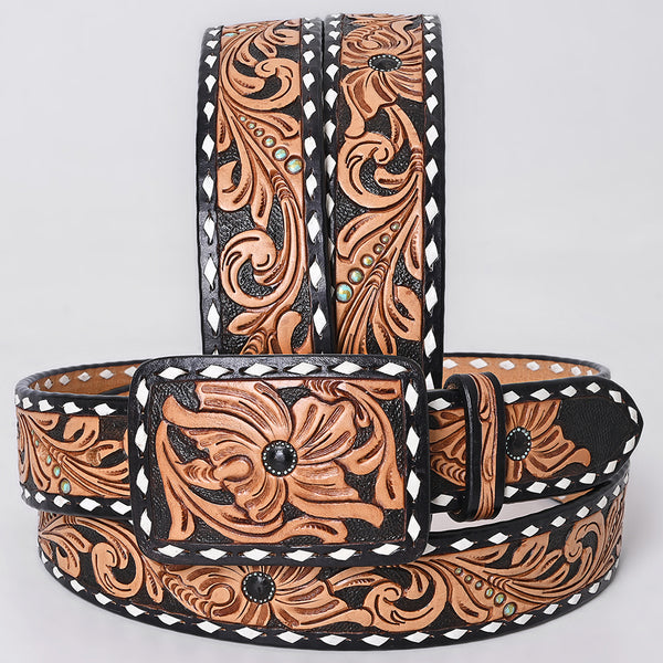 ADBLF279 Tooled Leather Western Belt - Black Inlay with Floral Design and White Edge
