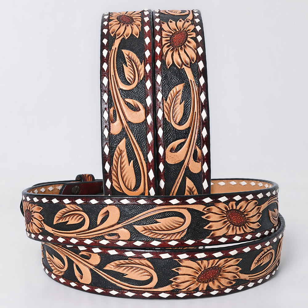 ADBLF280 Western Tooled Leather Belt - Sunflower Floral Design on Black Inlay
