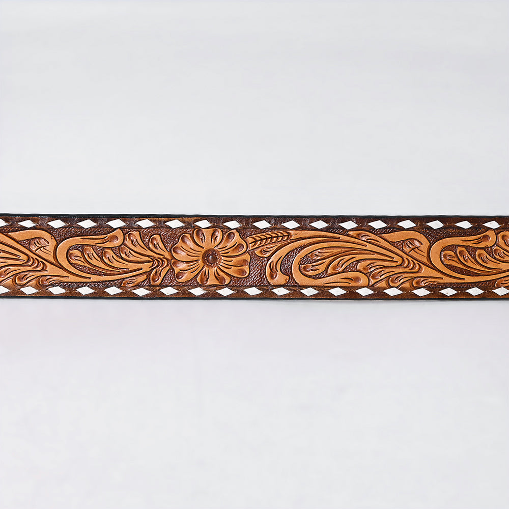 ADBLF281 Western Tooled Leather Belt - Classic Tan Floral Carving with White Diamond Trim
