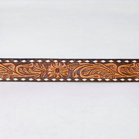 ADBLF281 Western Tooled Leather Belt - Classic Tan Floral Carving with White Diamond Trim