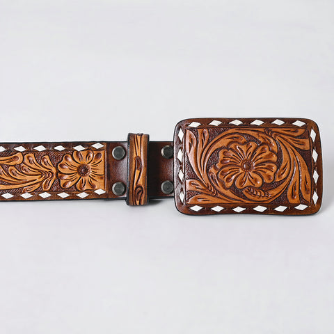 ADBLF281 Western Tooled Leather Belt - Classic Tan Floral Carving with White Diamond Trim
