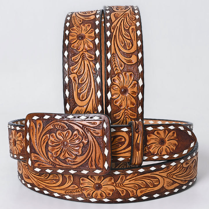 ADBLF281 Western Tooled Leather Belt - Classic Tan Floral  display picture 1