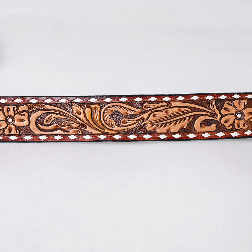 ADBLF282 Western Tooled Leather Belt - Chestnut Floral Scroll with White Diamond Edge
