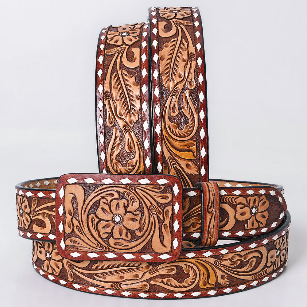 ADBLF282 Western Tooled Leather Belt - Chestnut Floral Scroll with White Diamond Edge