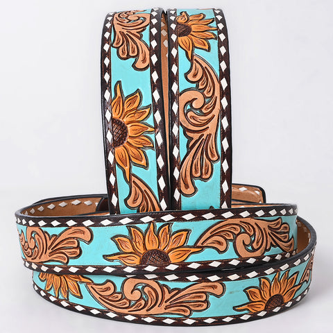ADBLF283 Western Hand Tooled Leather Belt - Turquoise & Sunflower Floral Design