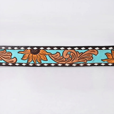 ADBLF283 Western Hand Tooled Leather Belt - Turquoise & Sunflower Floral Design