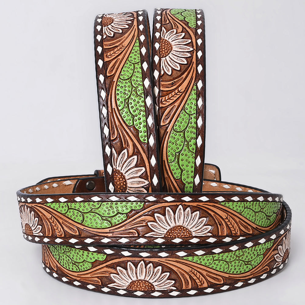 ADBLF284 Western Hand Tooled Leather Belt - White Daisy & Green Cactus Pattern