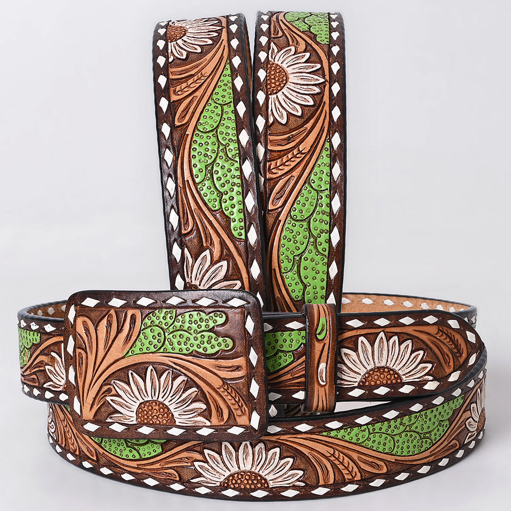 ADBLF284 Western Hand Tooled Leather Belt - White Daisy & Green Cactus Pattern