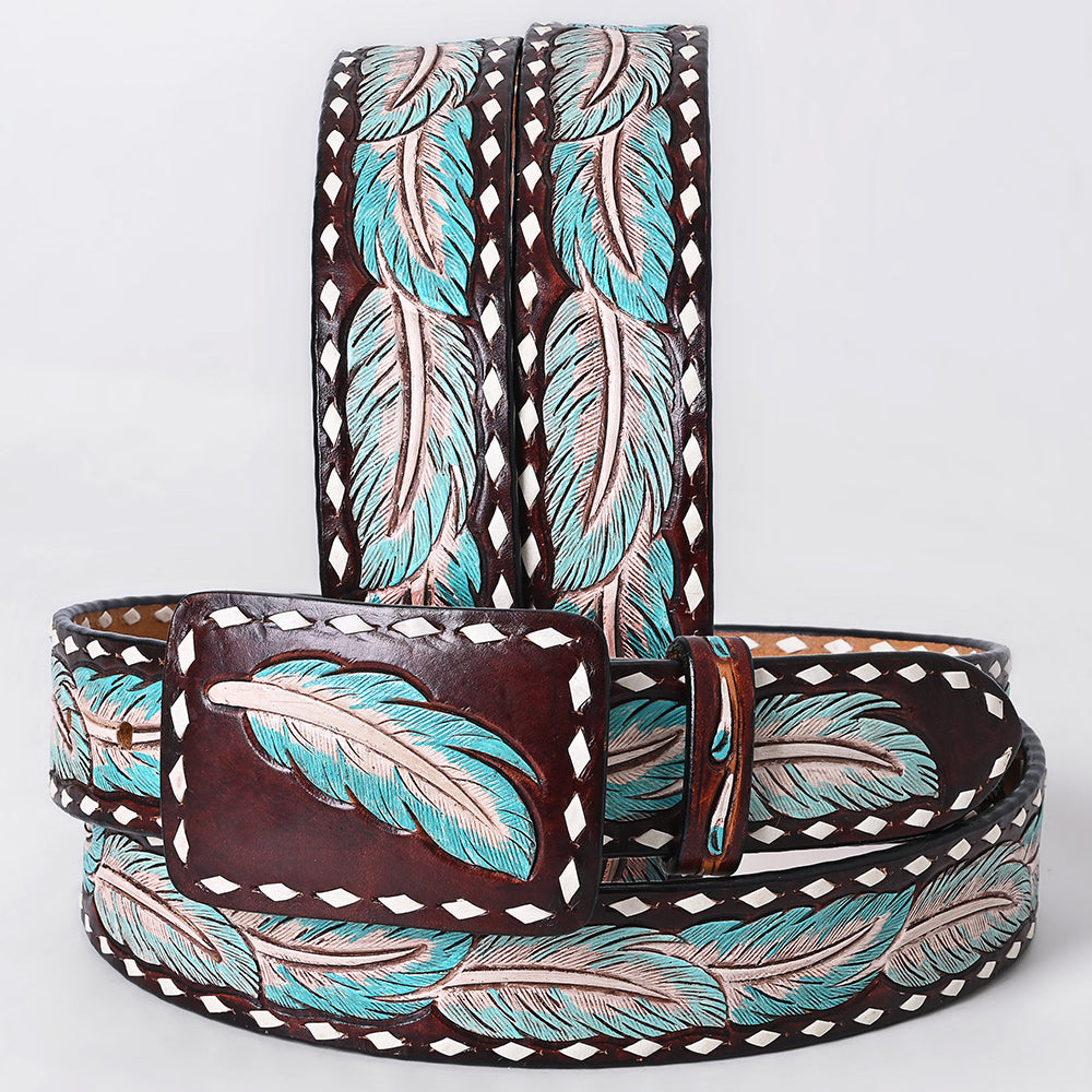 ADBLF285 Western Hand Tooled Leather Belt - Turquoise & Blush Feather Pattern