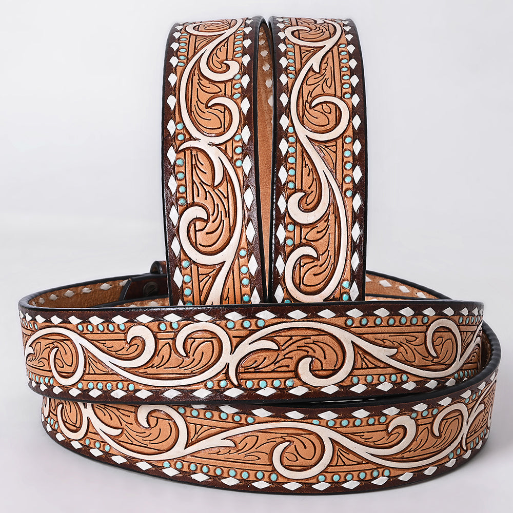 ADBLF286 Tooled Western Leather Belt - White Scroll with Turquoise Studs