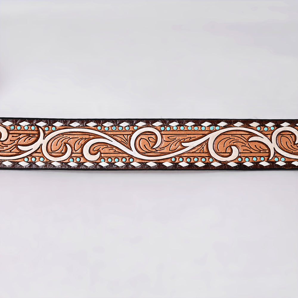 ADBLF286 Tooled Western Leather Belt - White Scroll with Turquoise Studs