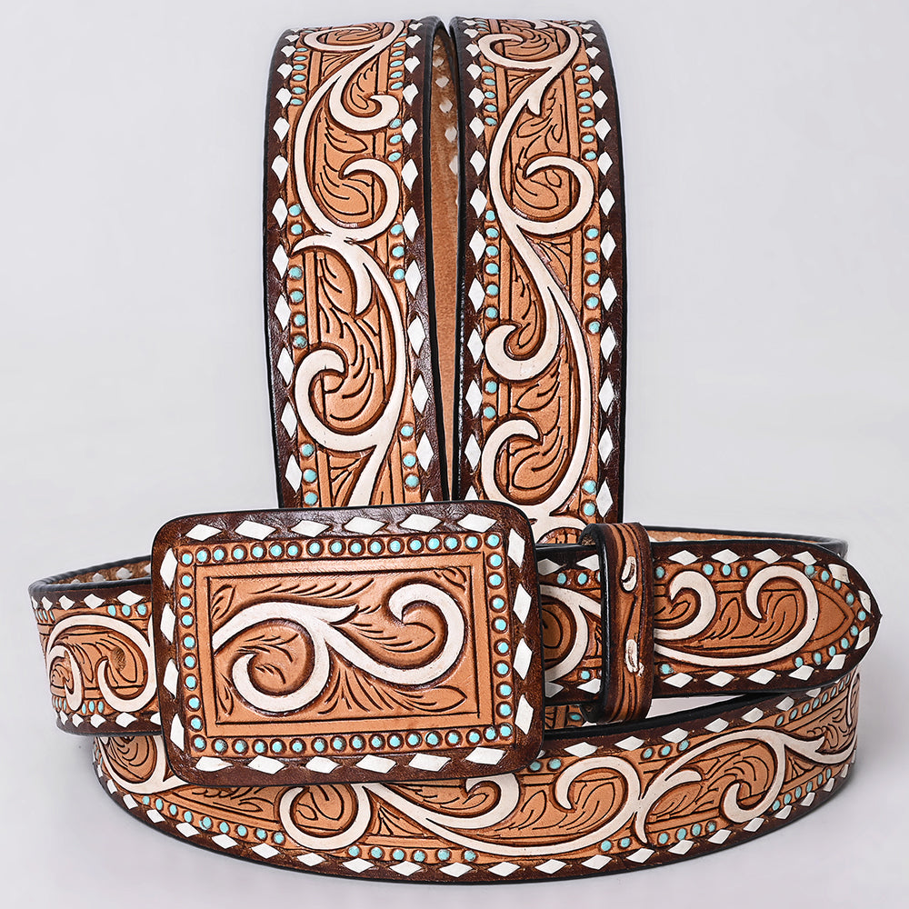 ADBLF286 Tooled Western Leather Belt - White Scroll with Turquoise Studs