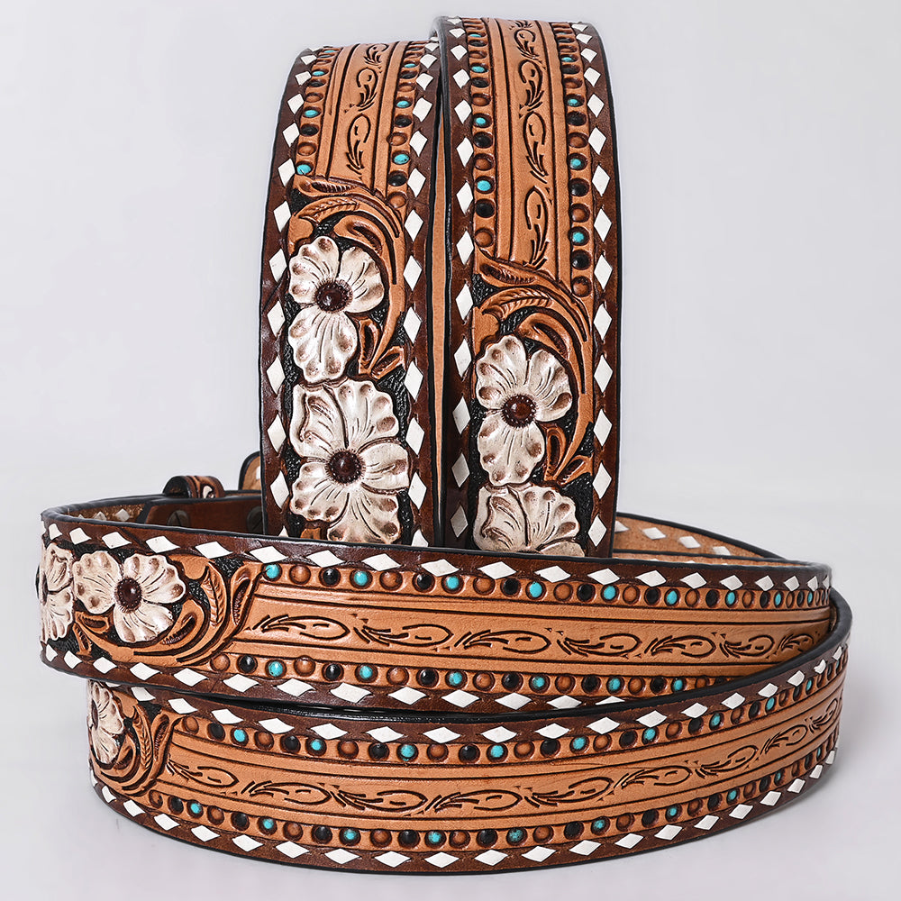 ADBLF287 Hand-Tooled Leather Western Belt - White Floral with Turquoise Studs