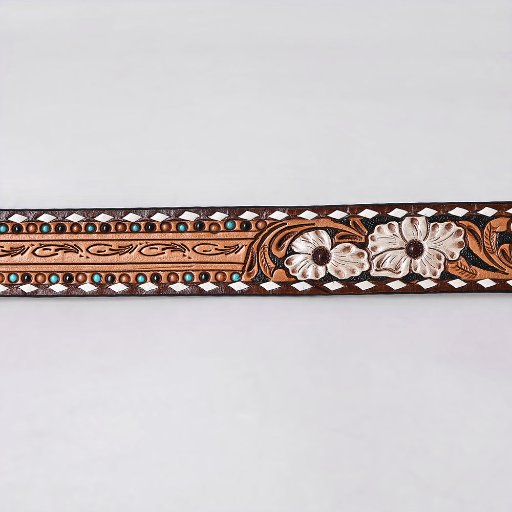 ADBLF287 Hand-Tooled Leather Western Belt - White Floral with Turquoise Studs