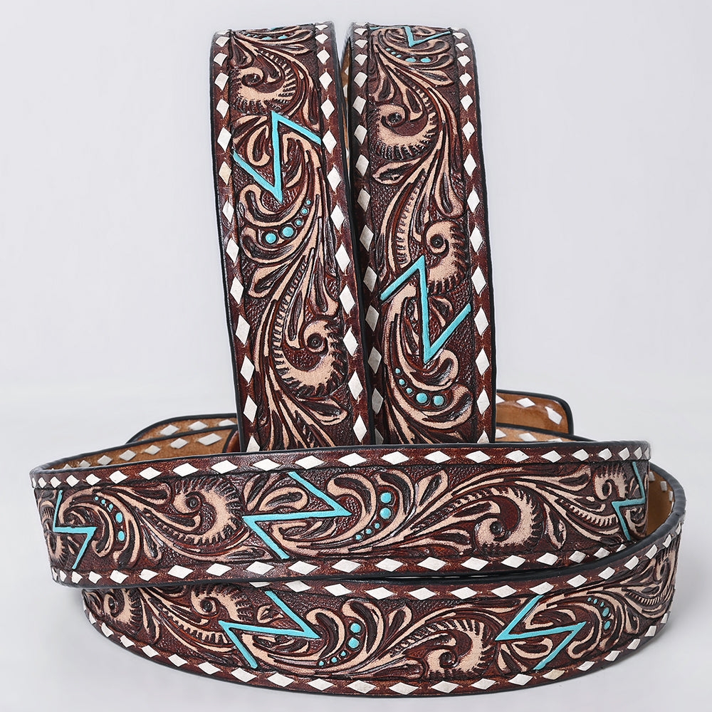 ADBLF288 Tooled Western Leather Belt - Turquoise Lightning Bolt & Floral Scroll Design