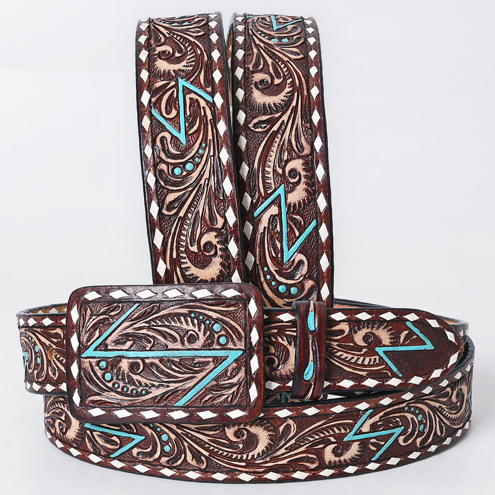 ADBLF288 Tooled Western Leather Belt - Turquoise Lightning Bolt & Floral Scroll Design