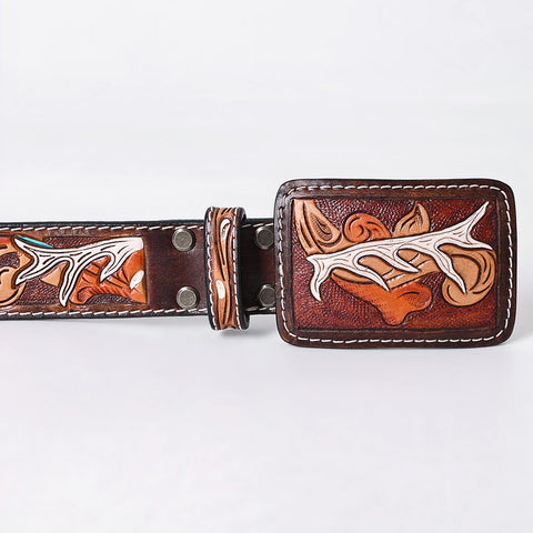 ADBLF289 Tooled Leather Western Belt - White Antler & Scroll Floral Design