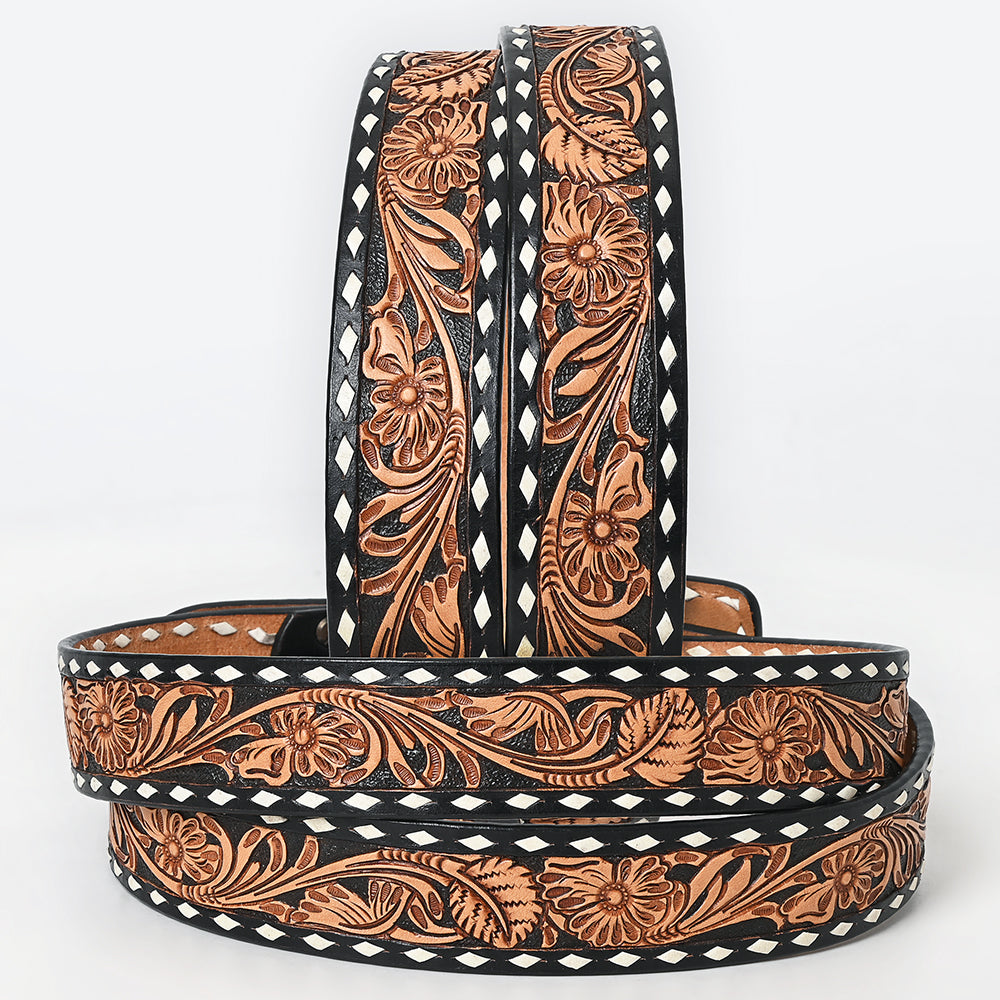 ADBLF290 Black & Saddle Hand Tooled Leather Western Belt - Floral Vine Design