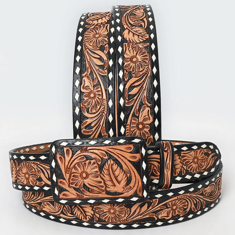 ADBLF290 Black & Saddle Hand Tooled Leather Western Belt - Floral Vine Design