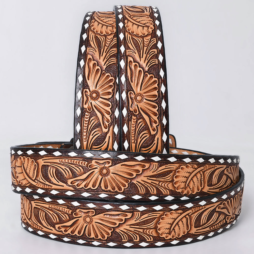 ADBLF291 Tooled Western Leather Belt - Bold Tan Floral on Chocolate Brown