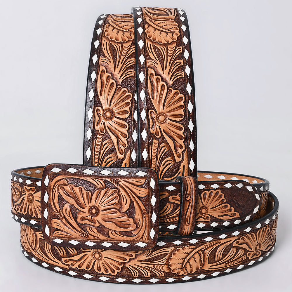 ADBLF291 Tooled Western Leather Belt - Bold Tan Floral on Chocolate Brown