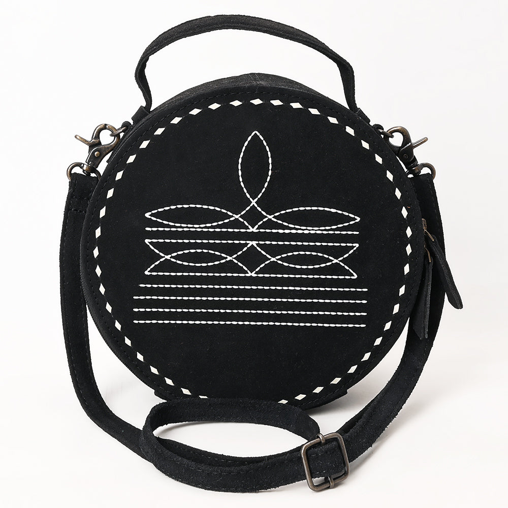 ADBG1549D Round Black Genuine suede Embroidered Crossbody Bag with white whipstistich