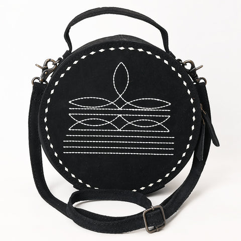 American Darling Black Genuine Suede Western Canteen Bag with Stitch Detailing | Handcrafted Round Purse