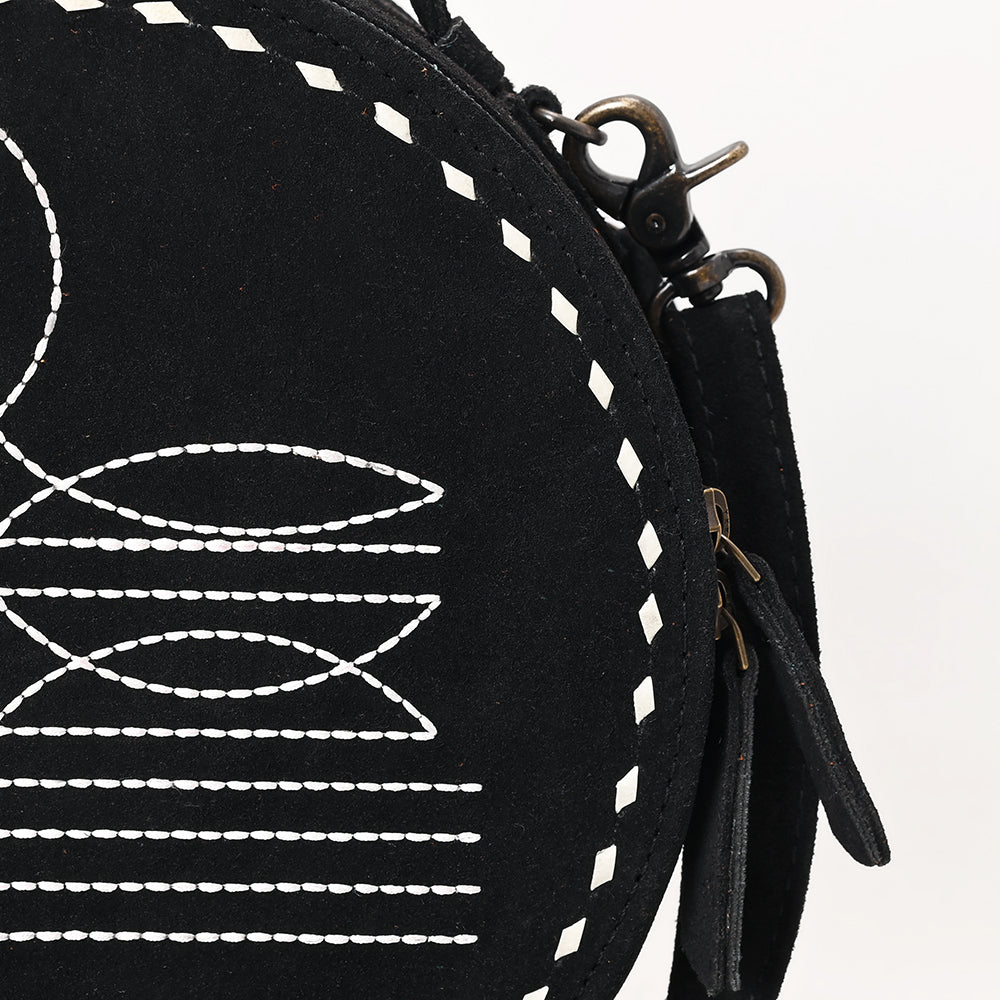 ADBG1549D Round Black Genuine suede Embroidered Crossbody Bag with white whipstistich