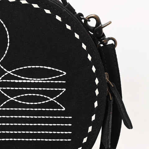 American Darling Black Genuine Suede Western Canteen Bag with Stitch Detailing | Handcrafted Round Purse