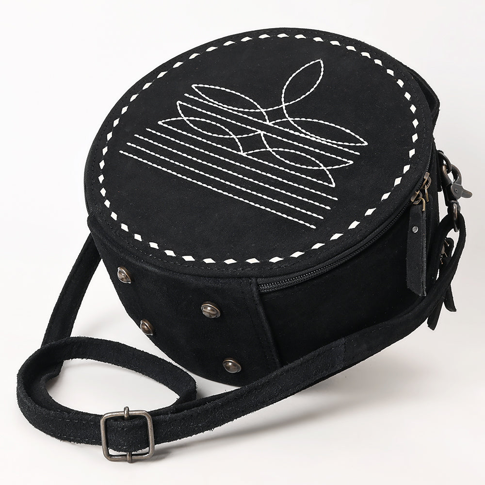 ADBG1549D Round Black Genuine suede Embroidered Crossbody Bag with white whipstistich