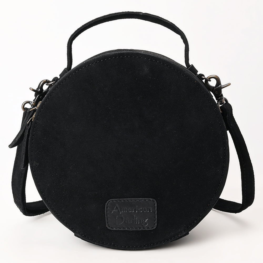 ADBG1549D Round Black Genuine suede Embroidered Crossbody Bag with white whipstistich
