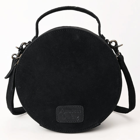 American Darling Black Genuine Suede Western Canteen Bag with Stitch Detailing | Handcrafted Round Purse