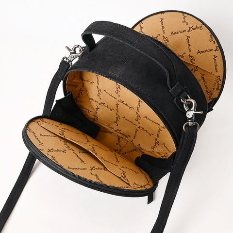 American Darling Black Genuine Suede Western Canteen Bag with Stitch Detailing | Handcrafted Round Purse