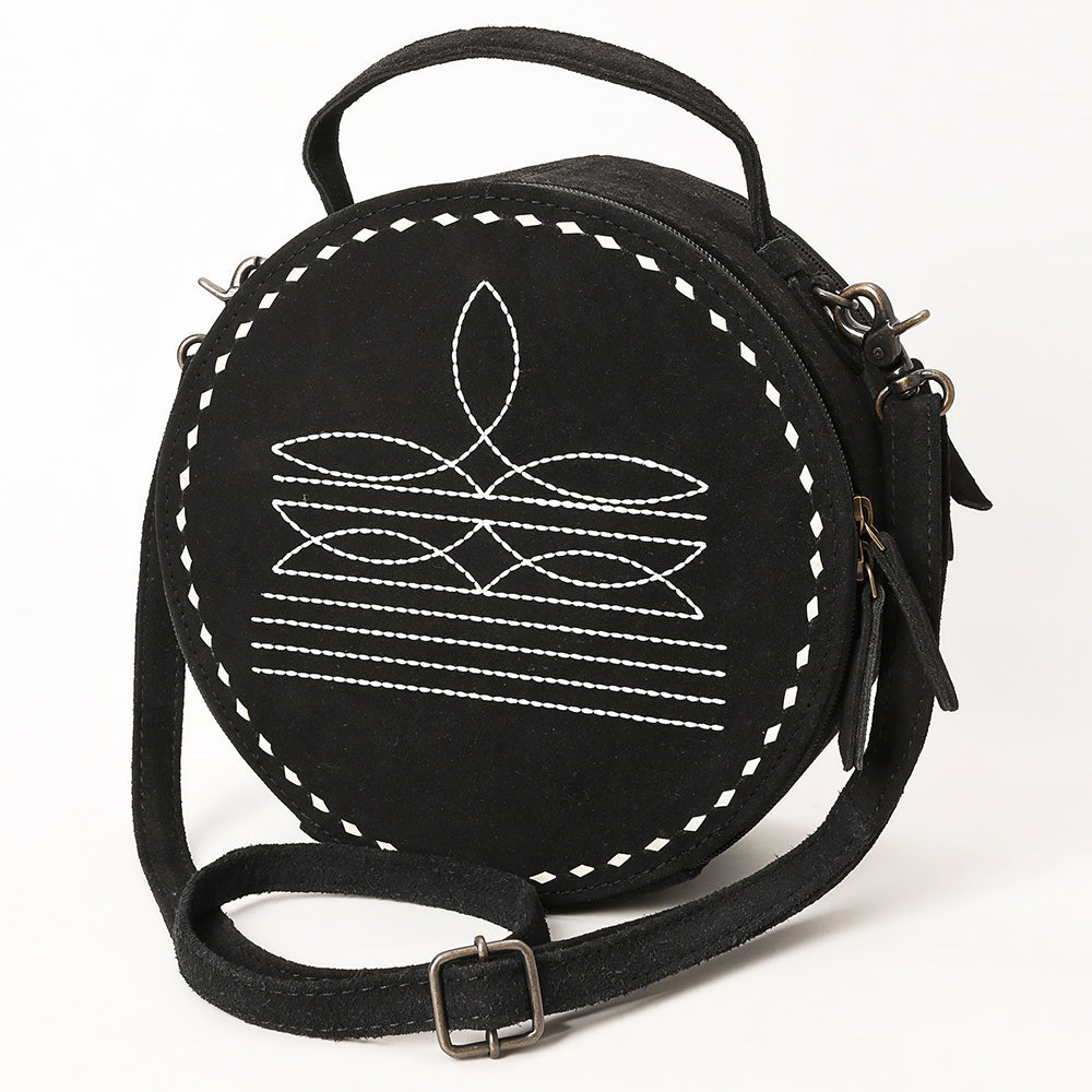 ADBG1549D Round Black Genuine suede Embroidered Crossbody Bag with white whipstistich