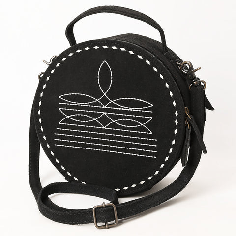 American Darling Black Genuine Suede Western Canteen Bag with Stitch Detailing | Handcrafted Round Purse