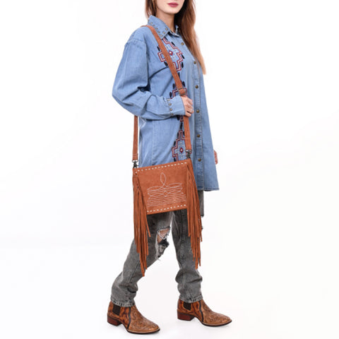 American Darling Western Genuine Suede Leather Crossbody Bag with Fringe & Buck Stitch Detailing