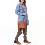ADBG1572 Suede Fringe Crossbody - White Stitch Western Bag