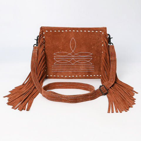 American Darling Western Genuine Suede Leather Crossbody Bag with Fringe & Buck Stitch Detailing
