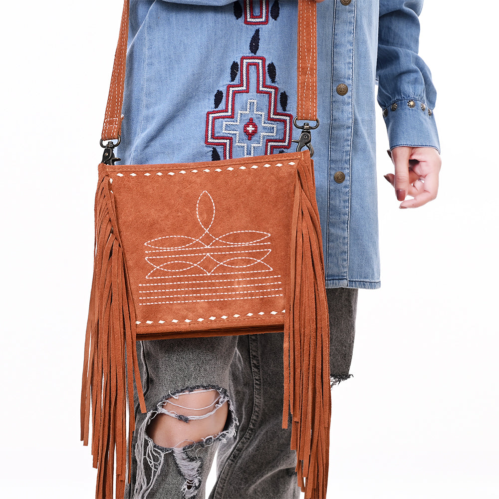 ADBG1572 Genuine suede Fringe Crossbody - White Stitch Western Bag