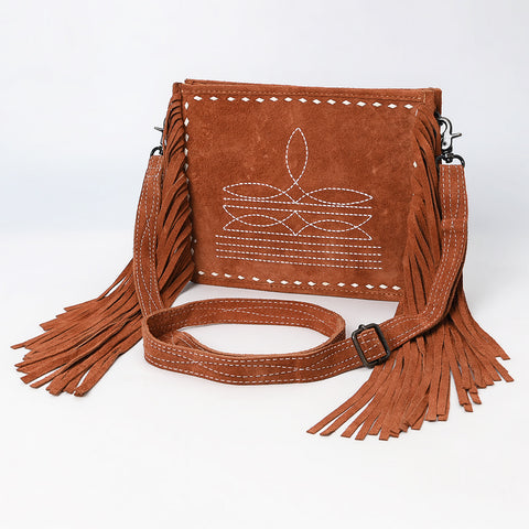 American Darling Western Genuine Suede Leather Crossbody Bag with Fringe & Buck Stitch Detailing