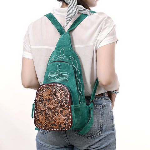American Darling Genuine Suede Leather Sling Bag with Hand Tooled Floral Front & Buck Stitch Details