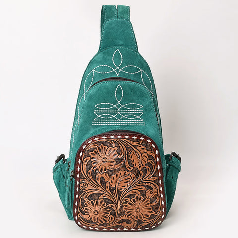 American Darling Genuine Suede Leather Sling Bag with Hand Tooled Floral Front & Buck Stitch Details