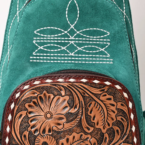 American Darling Genuine Suede Leather Sling Bag with Hand Tooled Floral Front & Buck Stitch Details