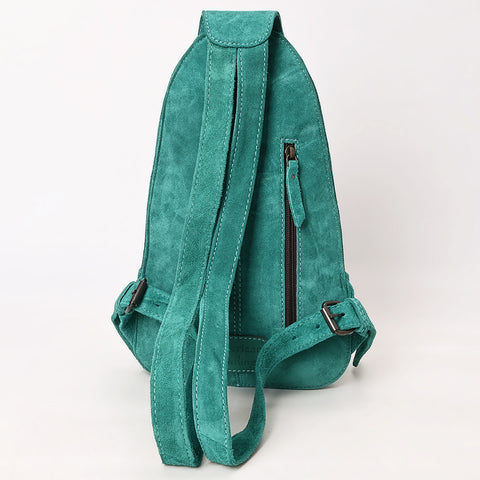 American Darling Genuine Suede Leather Sling Bag with Hand Tooled Floral Front & Buck Stitch Details